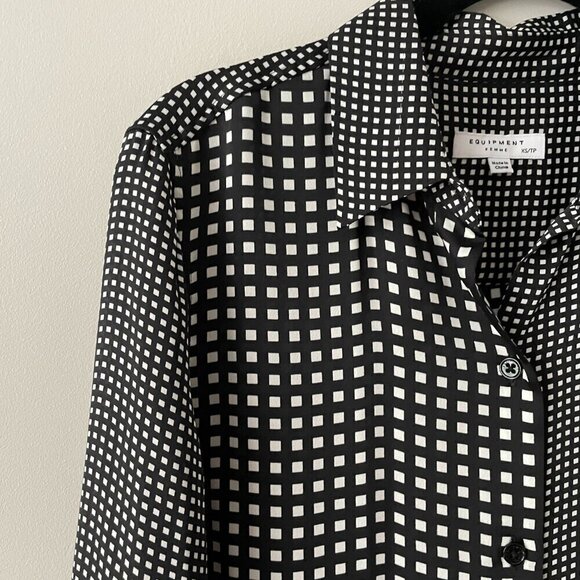 Equipment Essential Patchwork Pattern Long Sleeve Button Up Shirt Black White XS - Picture 7 of 9